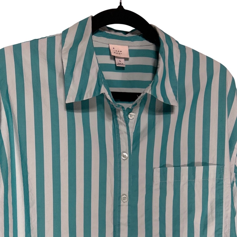 A New Day Women's Teal Striped Cotton Button Down Shirt Large - Picture 2 of 9
